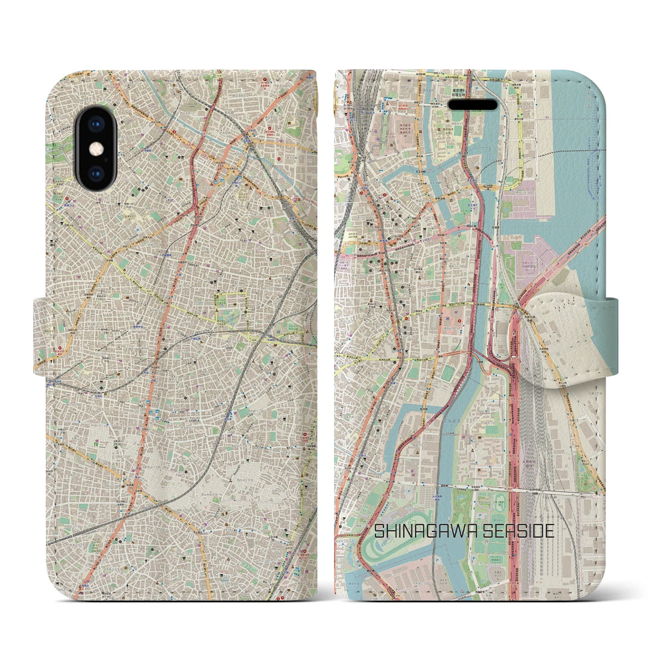 【品川シーサイド】地図柄iPhoneケース（手帳両面タイプ・ナチュラル）iPhone XS / X 用