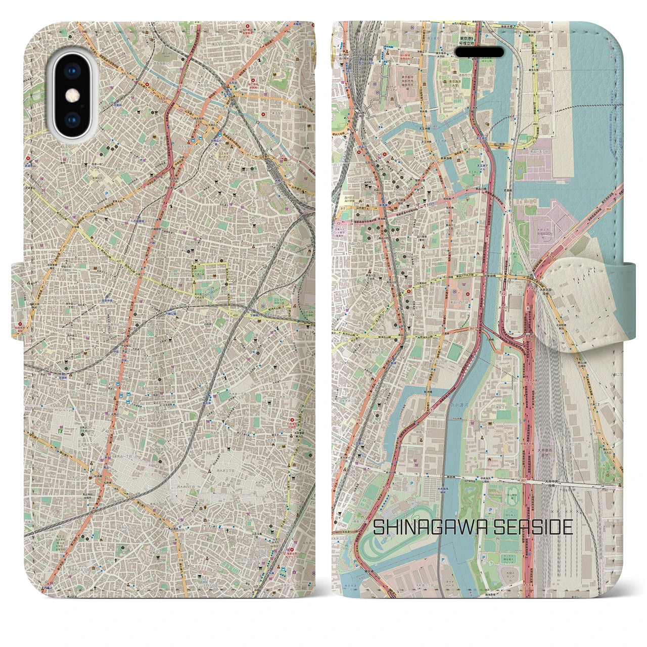 【品川シーサイド（東京都）】地図柄iPhoneケース（手帳タイプ）ナチュラル・iPhone XS Max 用