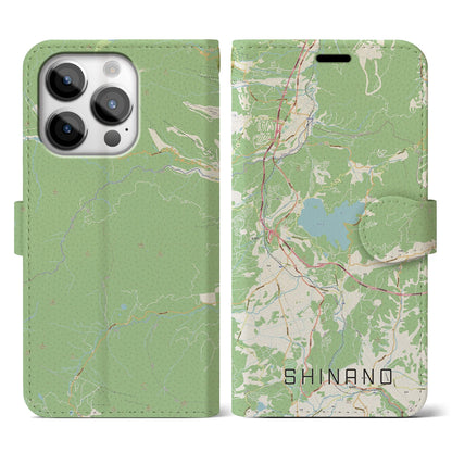 【信濃（長野県）】地図柄iPhoneケース（手帳タイプ）ナチュラル・iPhone 14 Pro 用