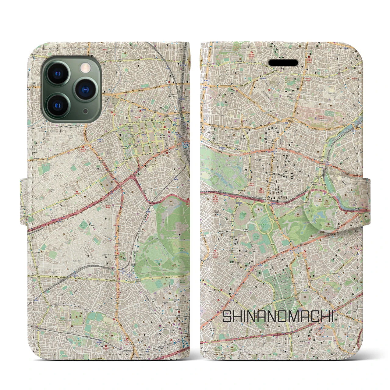 【信濃町】地図柄iPhoneケース（手帳両面タイプ・ナチュラル）iPhone 11 Pro 用