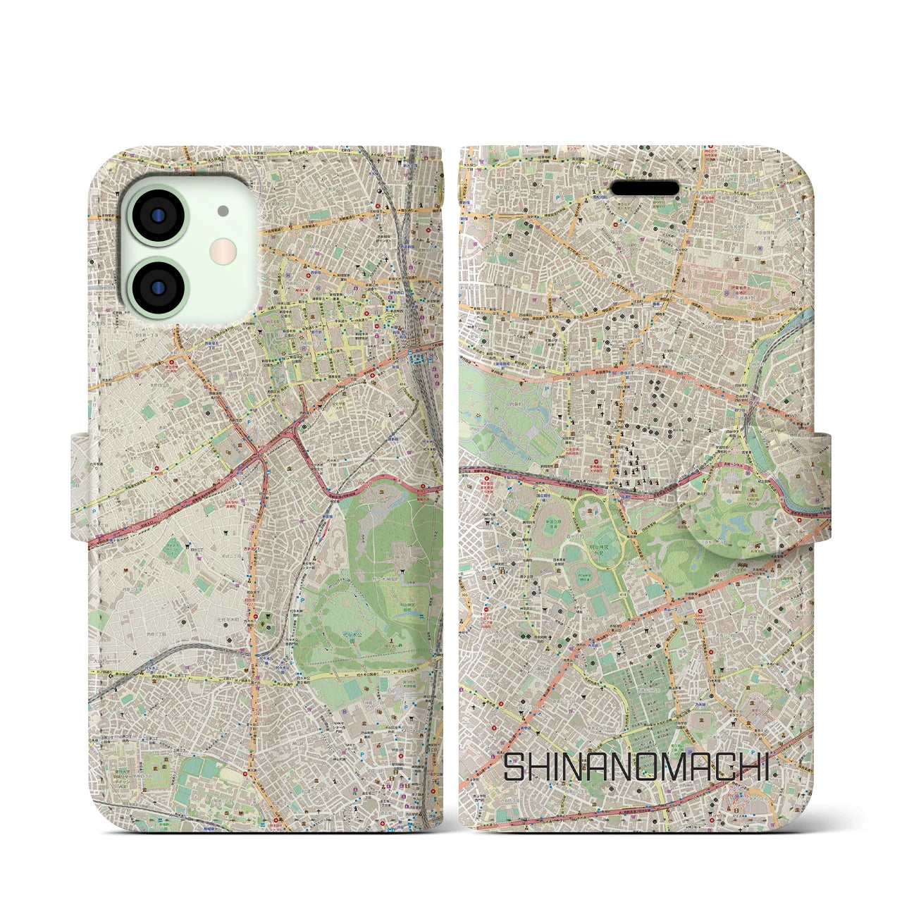 【信濃町】地図柄iPhoneケース（手帳両面タイプ・ナチュラル）iPhone 12 mini 用
