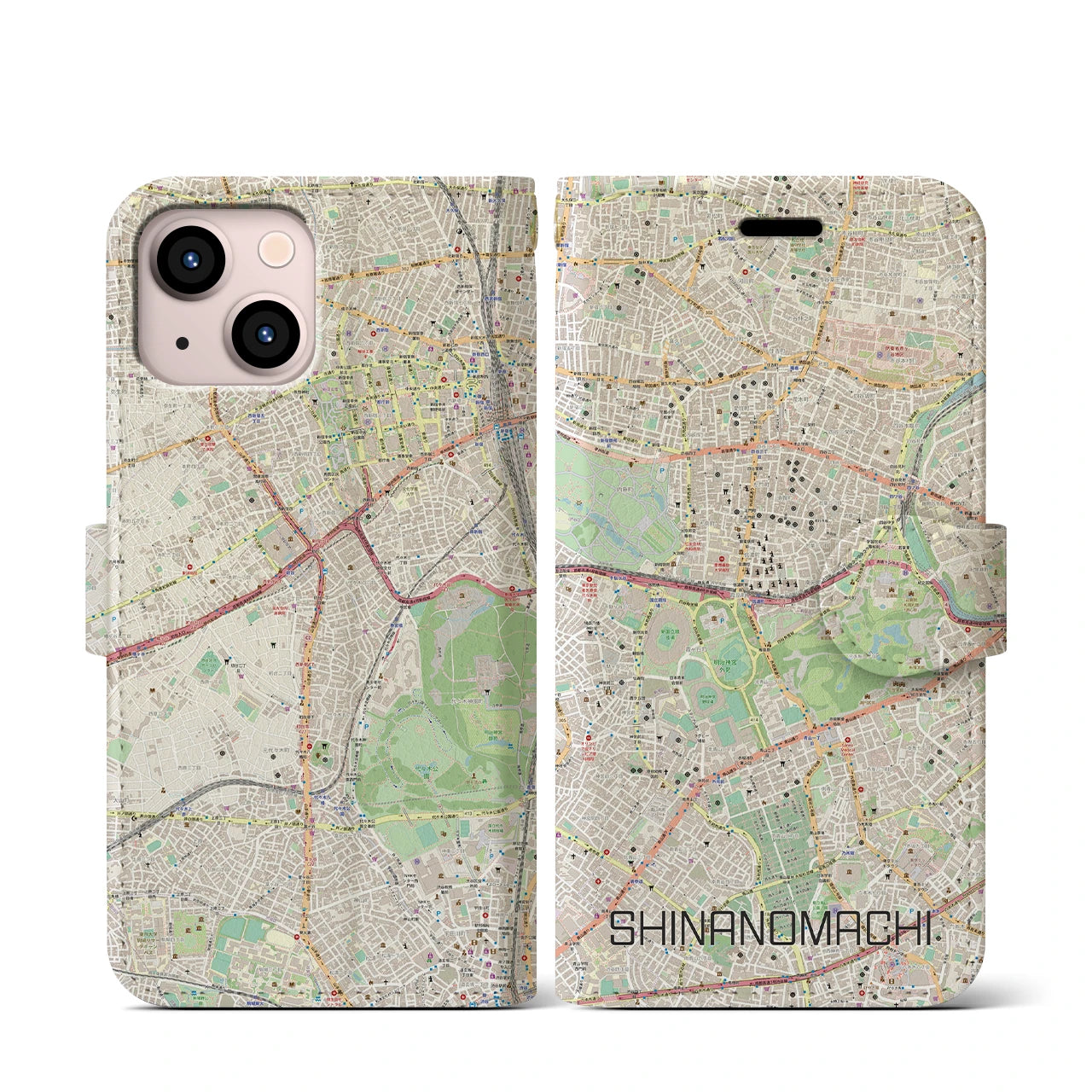 【信濃町】地図柄iPhoneケース（手帳両面タイプ・ナチュラル）iPhone 13 mini 用