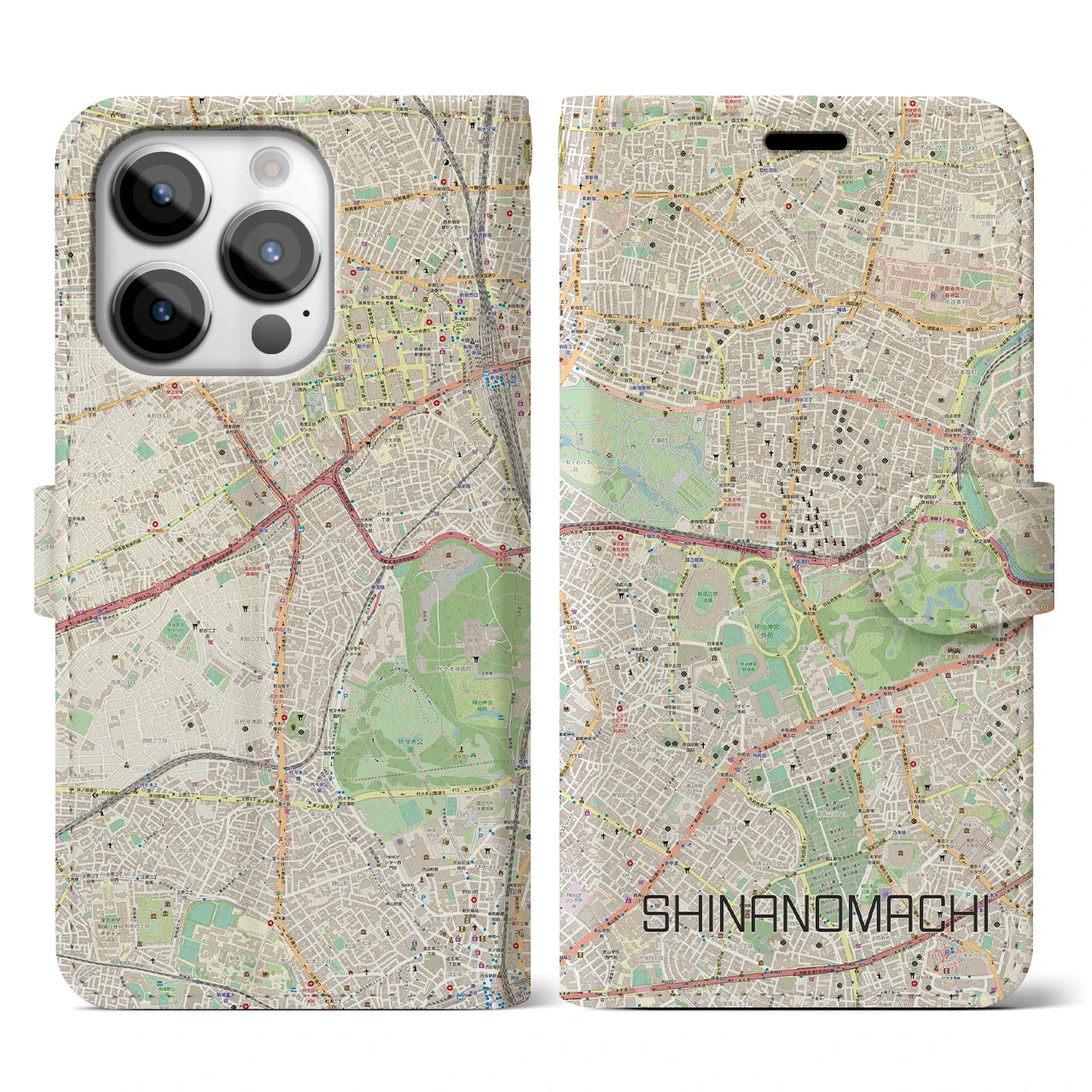 【信濃町】地図柄iPhoneケース（手帳両面タイプ・ナチュラル）iPhone 14 Pro 用