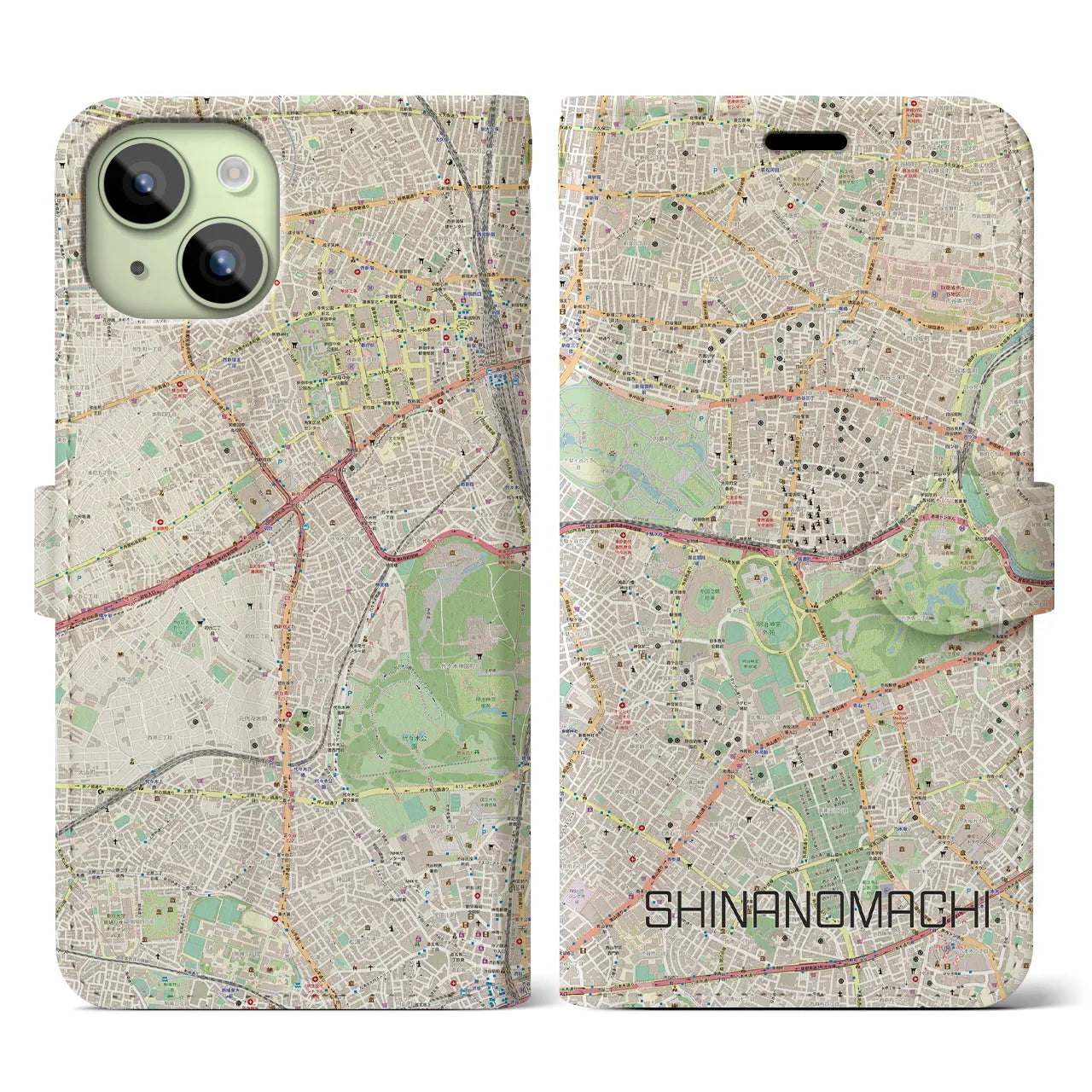 【信濃町】地図柄iPhoneケース（手帳両面タイプ・ナチュラル）iPhone 15 用