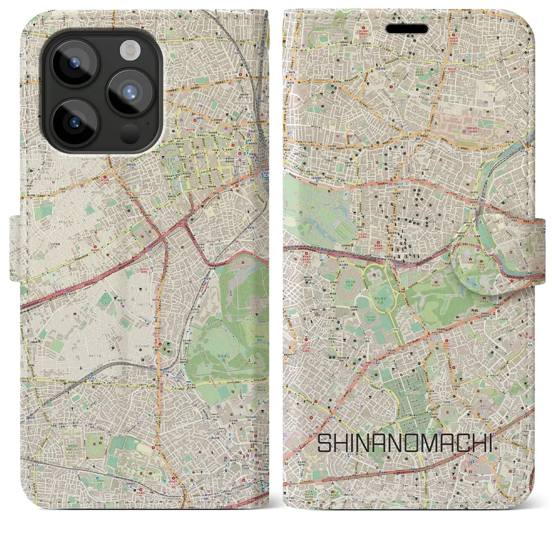 【信濃町】地図柄iPhoneケース（手帳両面タイプ・ナチュラル）iPhone 15 Pro Max 用