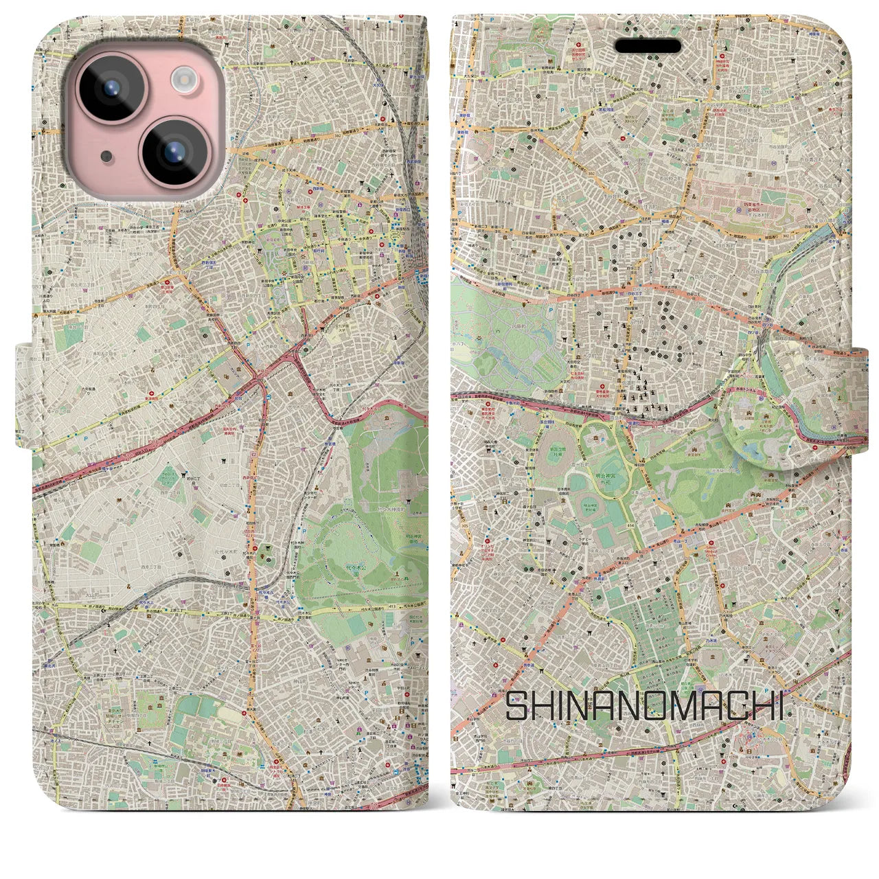 【信濃町】地図柄iPhoneケース（手帳両面タイプ・ナチュラル）iPhone 15 Plus 用