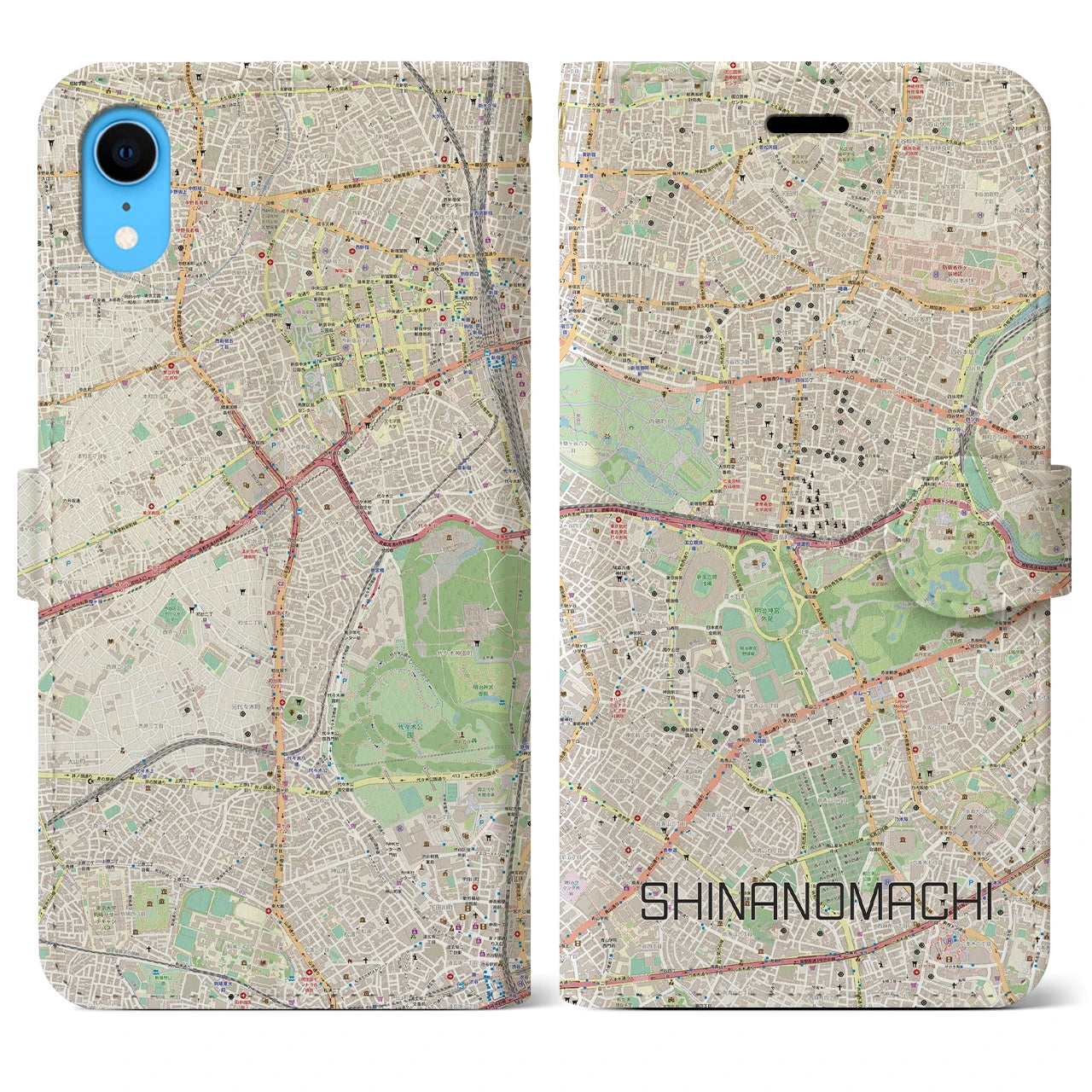 【信濃町】地図柄iPhoneケース（手帳両面タイプ・ナチュラル）iPhone XR 用