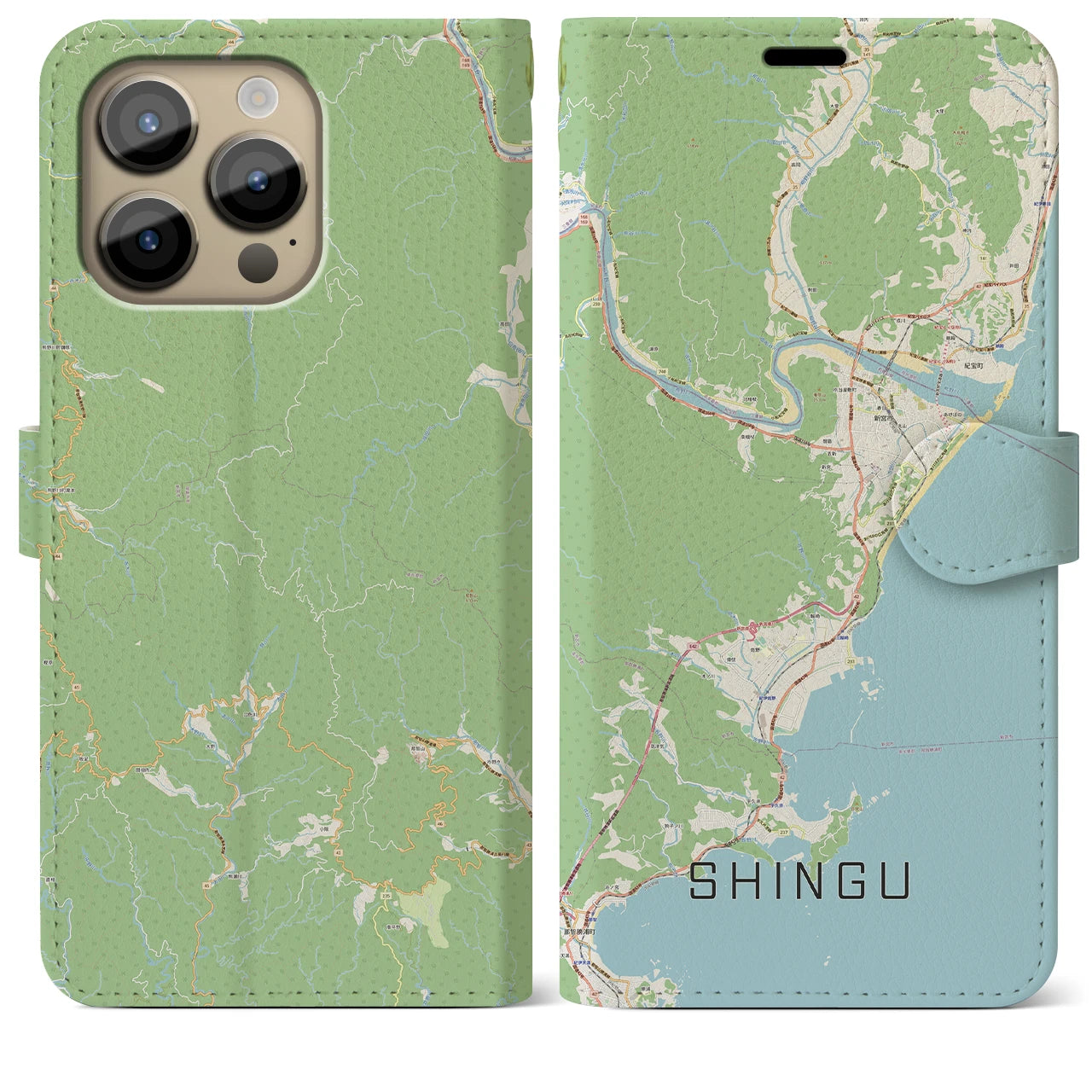 【新宮（和歌山県）】地図柄iPhoneケース（手帳両面タイプ・ナチュラル）iPhone 14 Pro Max 用