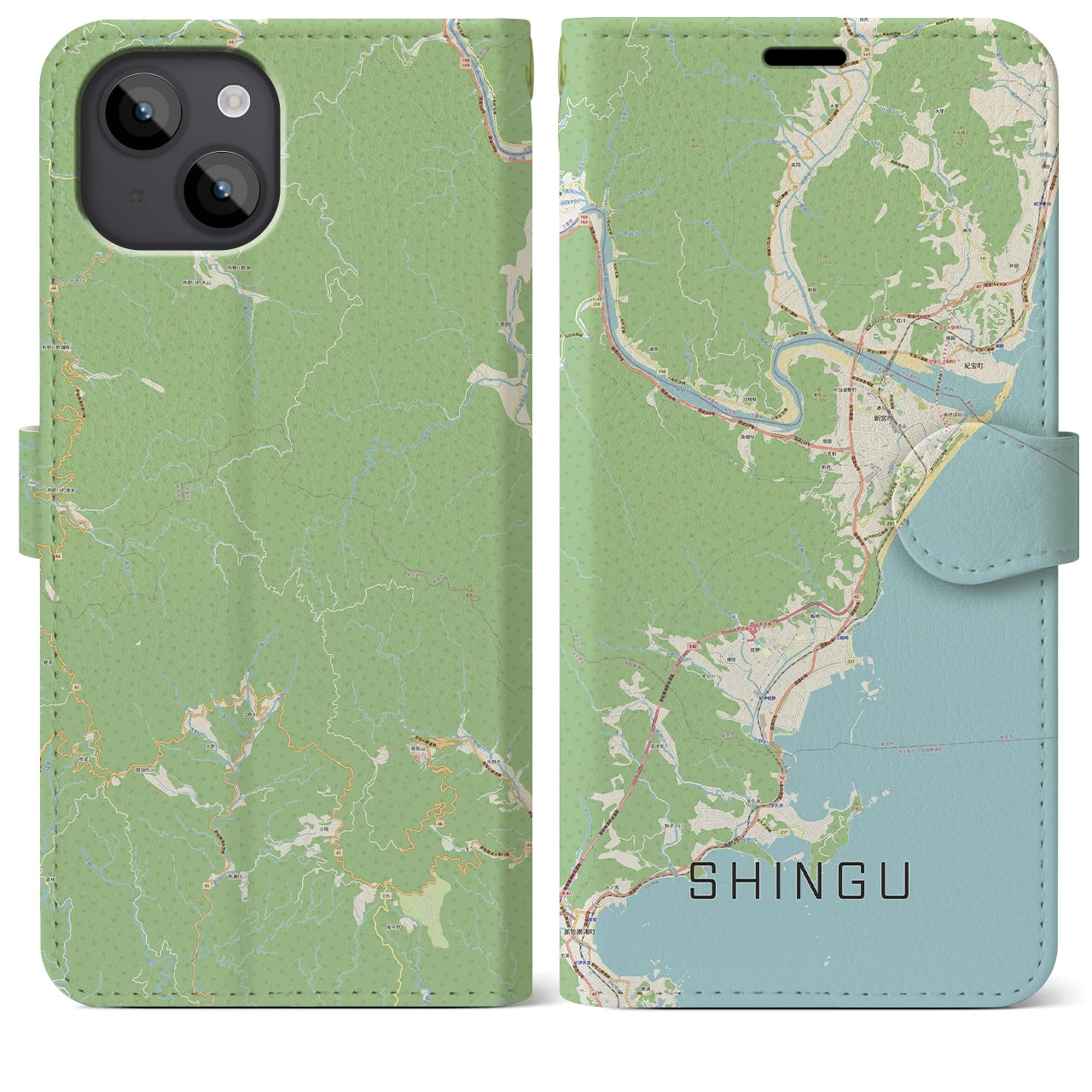 【新宮（和歌山県）】地図柄iPhoneケース（手帳両面タイプ・ナチュラル）iPhone 14 Plus 用
