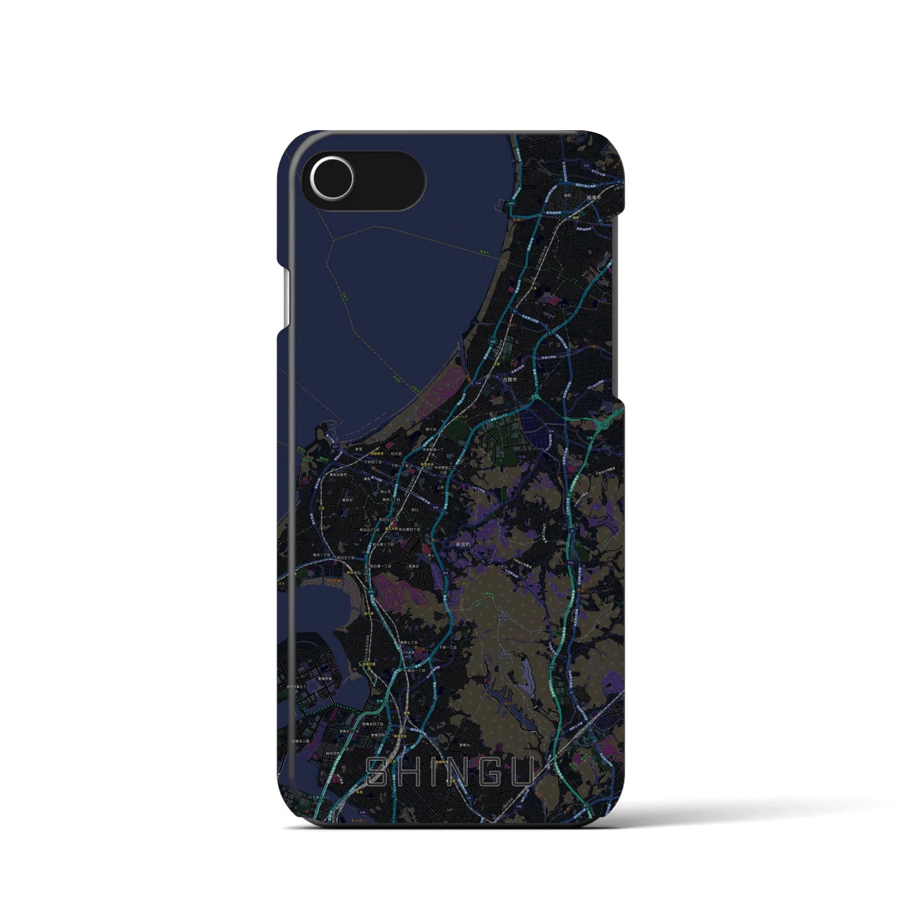 【新宮】地図柄iPhoneケース（バックカバータイプ・ブラック）iPhone SE（第3 / 第2世代） / 8 / 7 / 6s / 6 用