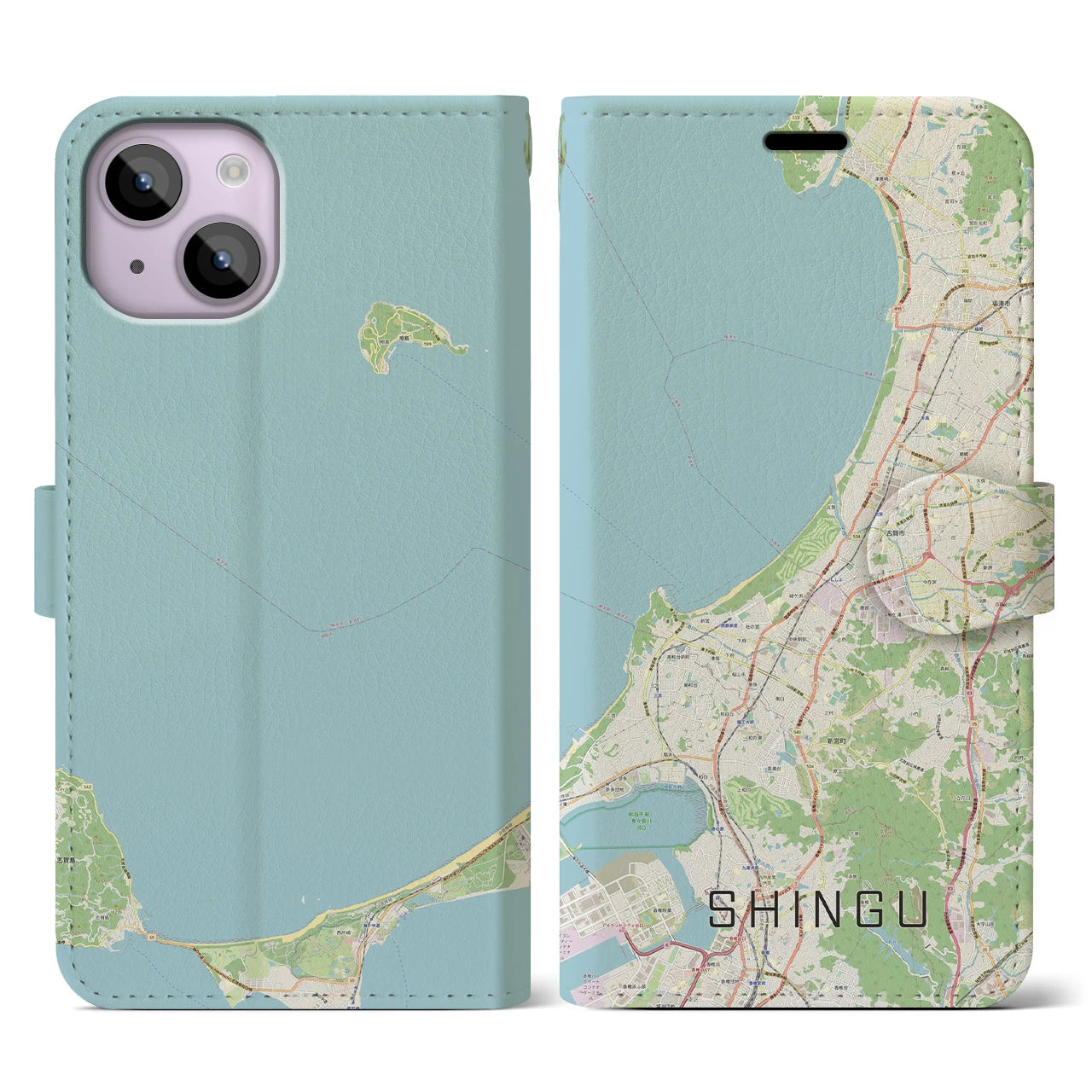 【新宮】地図柄iPhoneケース（手帳両面タイプ・ナチュラル）iPhone 14 用