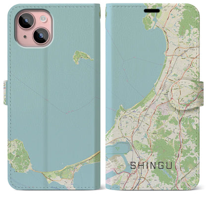 【新宮（福岡県）】地図柄iPhoneケース（手帳タイプ）ナチュラル・iPhone 15 Plus 用