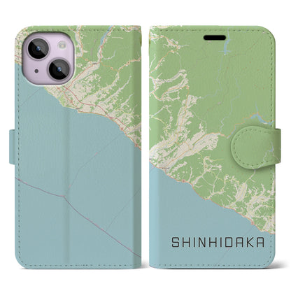 【新ひだか（北海道）】地図柄iPhoneケース（手帳タイプ）ナチュラル・iPhone 14 用