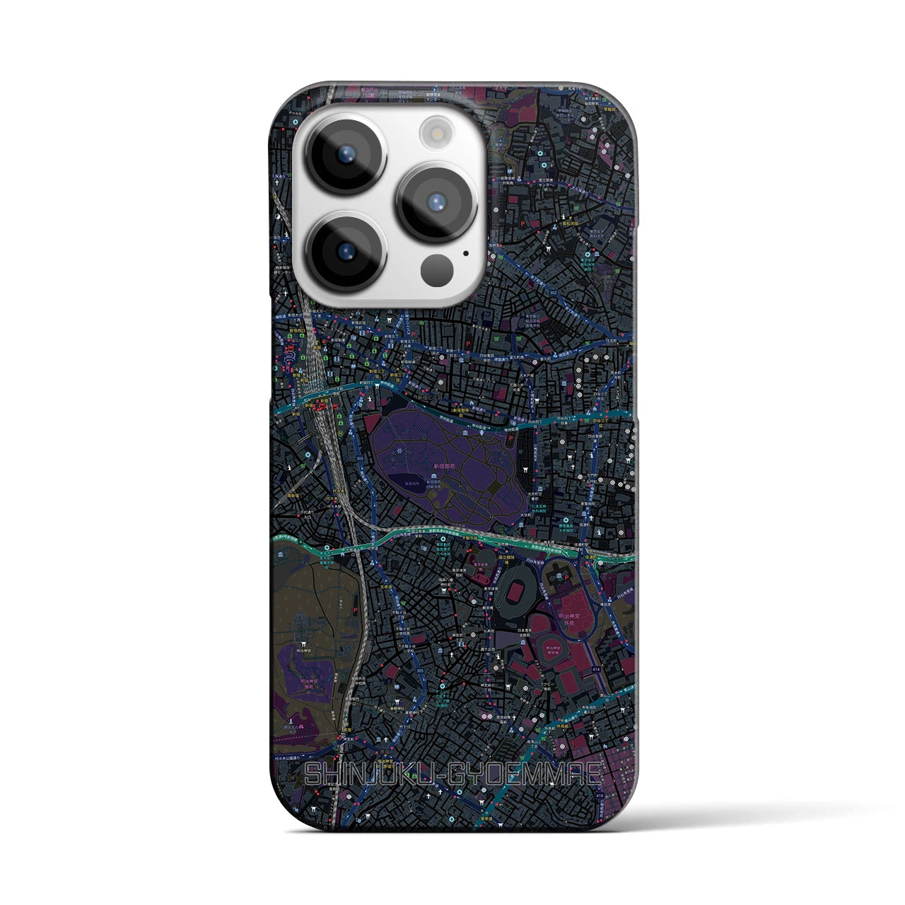 【新宿御苑前】地図柄iPhoneケース（バックカバータイプ・ブラック）iPhone 14 Pro 用