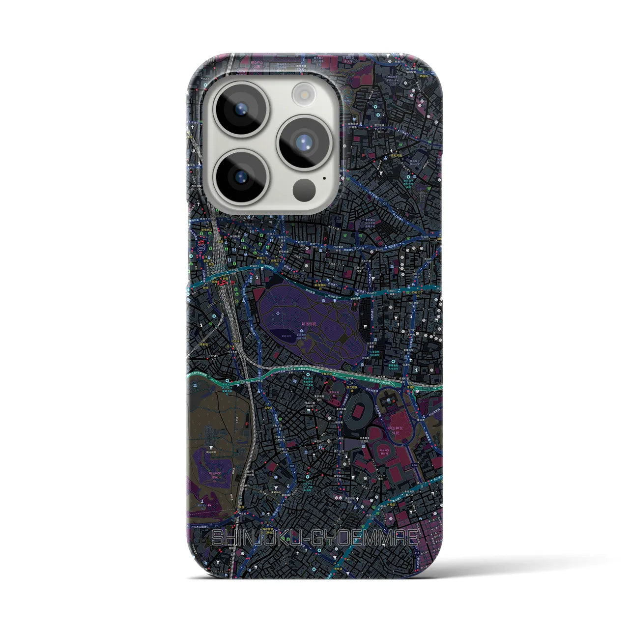 【新宿御苑前】地図柄iPhoneケース（バックカバータイプ・ブラック）iPhone 15 Pro 用