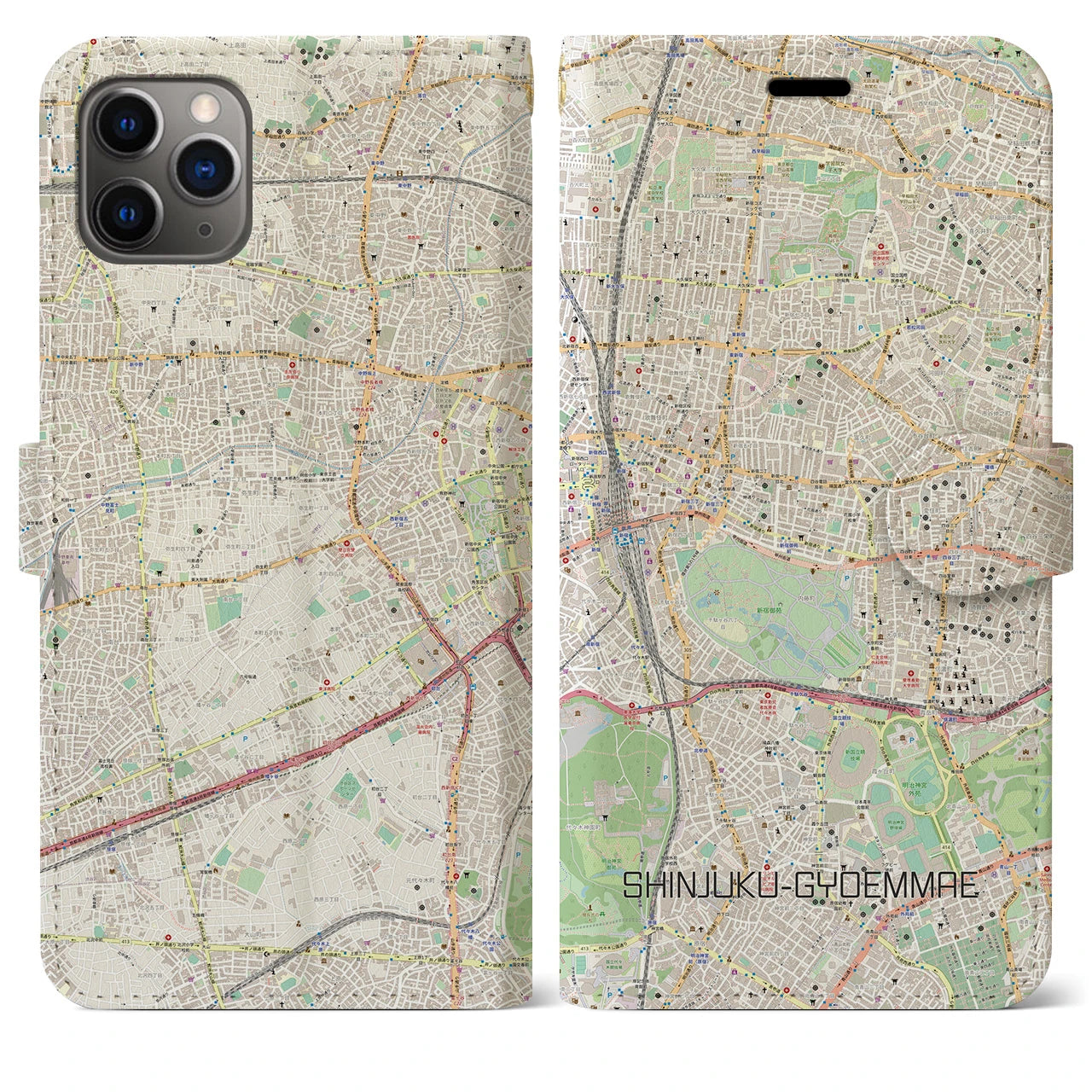 【新宿御苑前】地図柄iPhoneケース（手帳両面タイプ・ナチュラル）iPhone 11 Pro Max 用