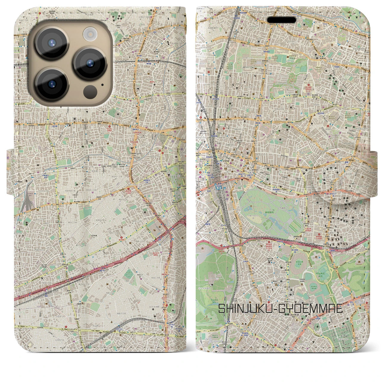 【新宿御苑前】地図柄iPhoneケース（手帳両面タイプ・ナチュラル）iPhone 14 Pro Max 用