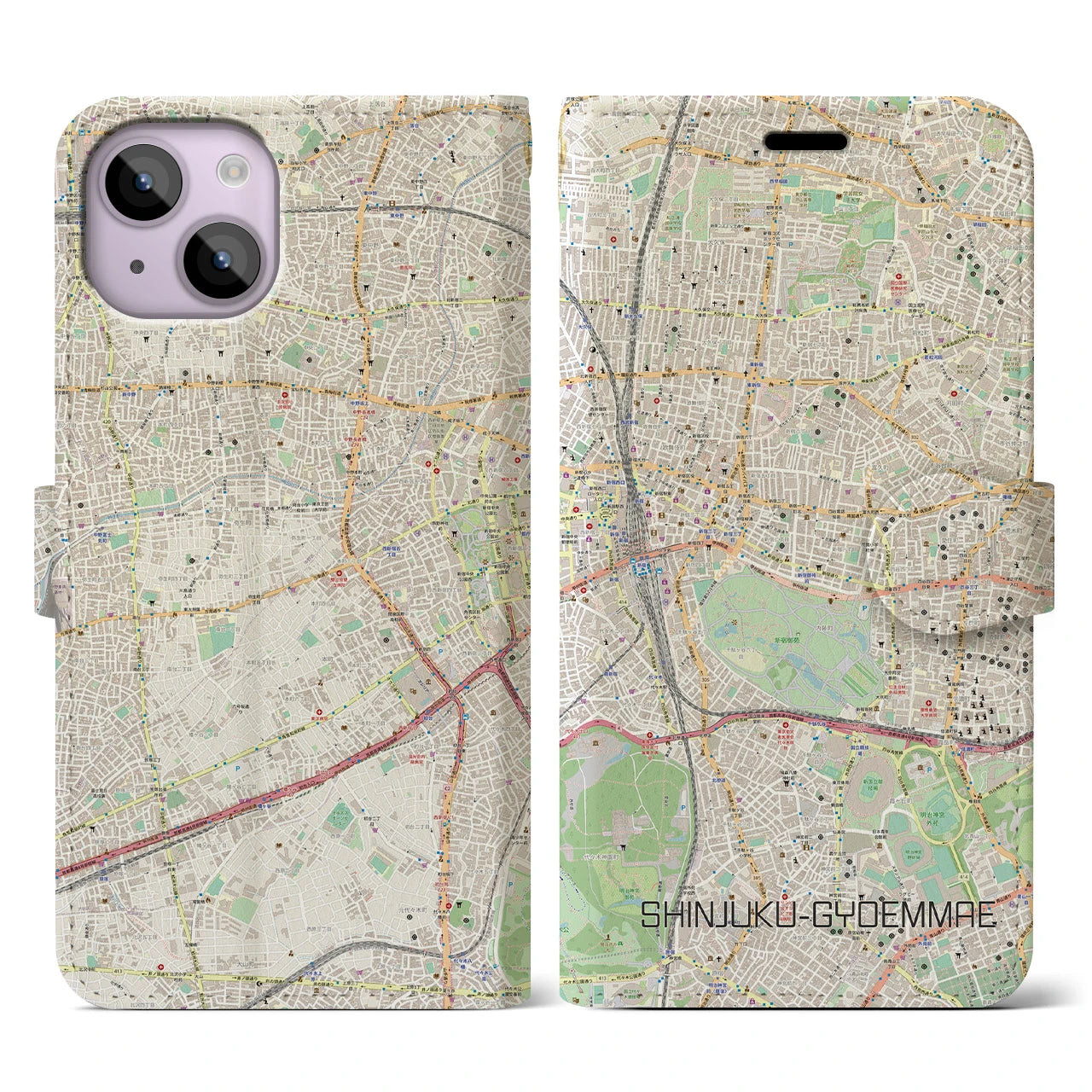 【新宿御苑前】地図柄iPhoneケース（手帳両面タイプ・ナチュラル）iPhone 14 用