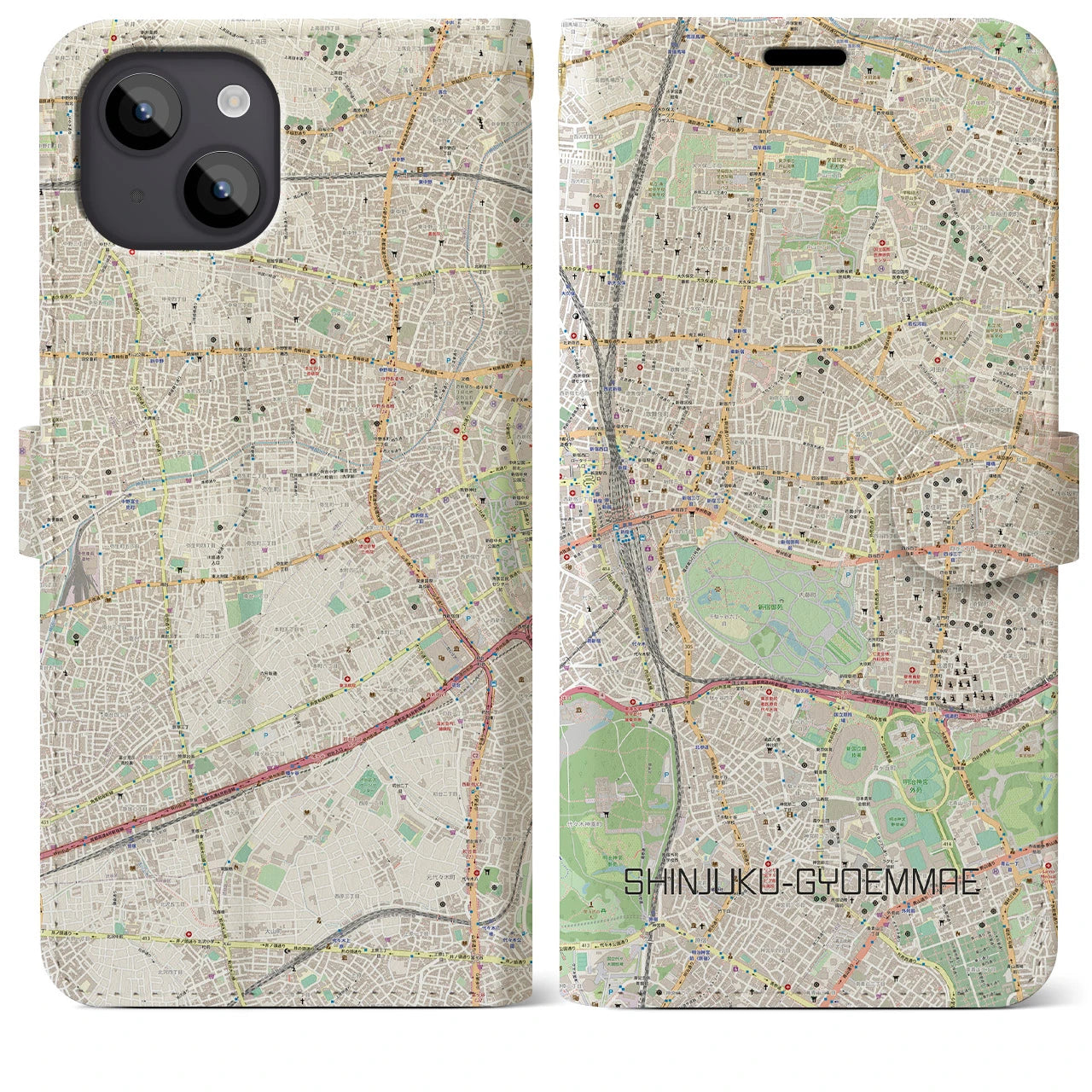 【新宿御苑前】地図柄iPhoneケース（手帳両面タイプ・ナチュラル）iPhone 14 Plus 用