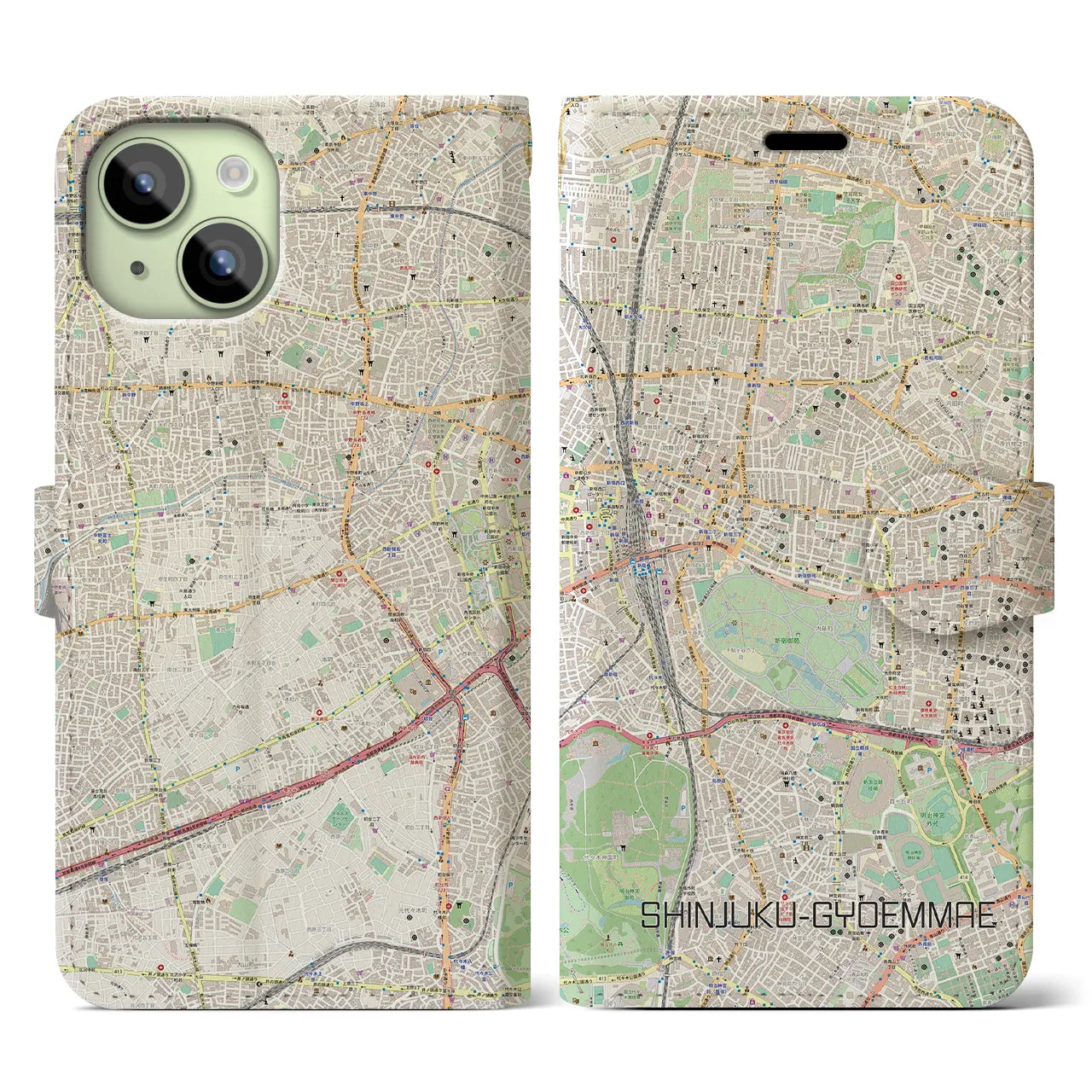【新宿御苑前】地図柄iPhoneケース（手帳両面タイプ・ナチュラル）iPhone 15 用