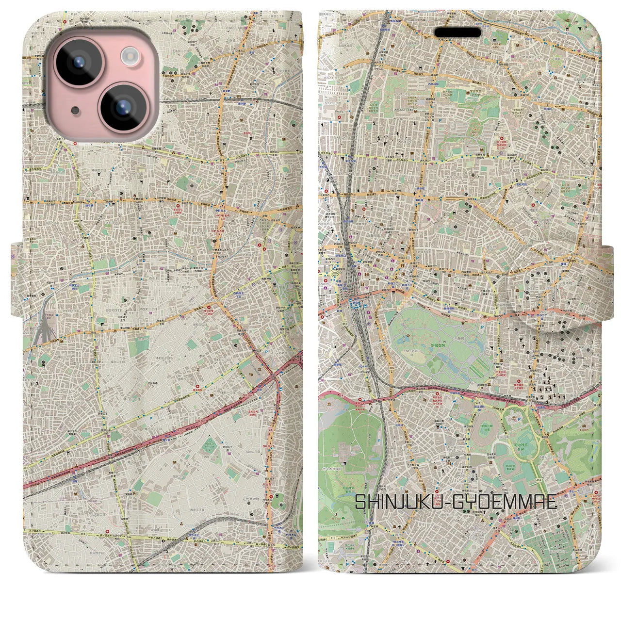 【新宿御苑前】地図柄iPhoneケース（手帳両面タイプ・ナチュラル）iPhone 15 Plus 用