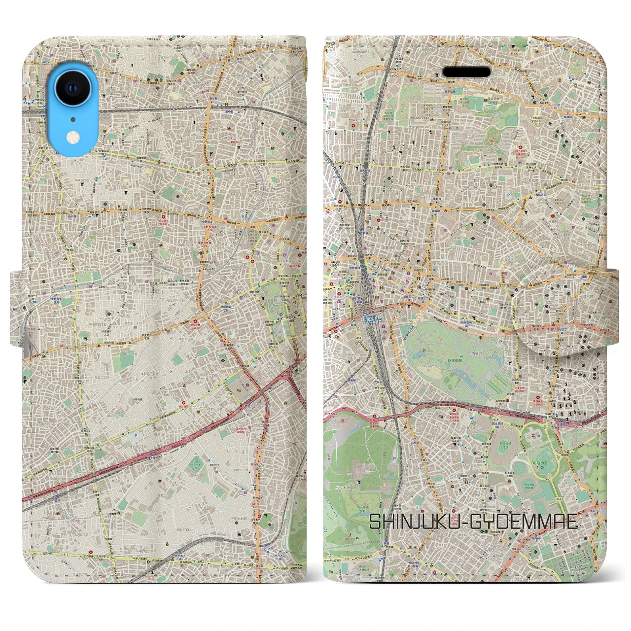 【新宿御苑前】地図柄iPhoneケース（手帳両面タイプ・ナチュラル）iPhone XR 用