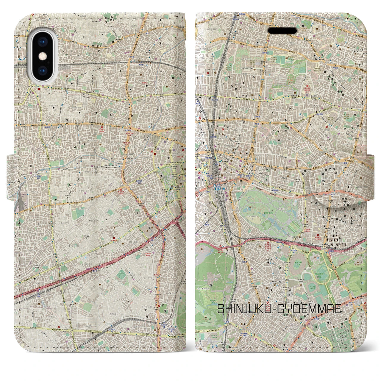 【新宿御苑前】地図柄iPhoneケース（手帳両面タイプ・ナチュラル）iPhone XS Max 用