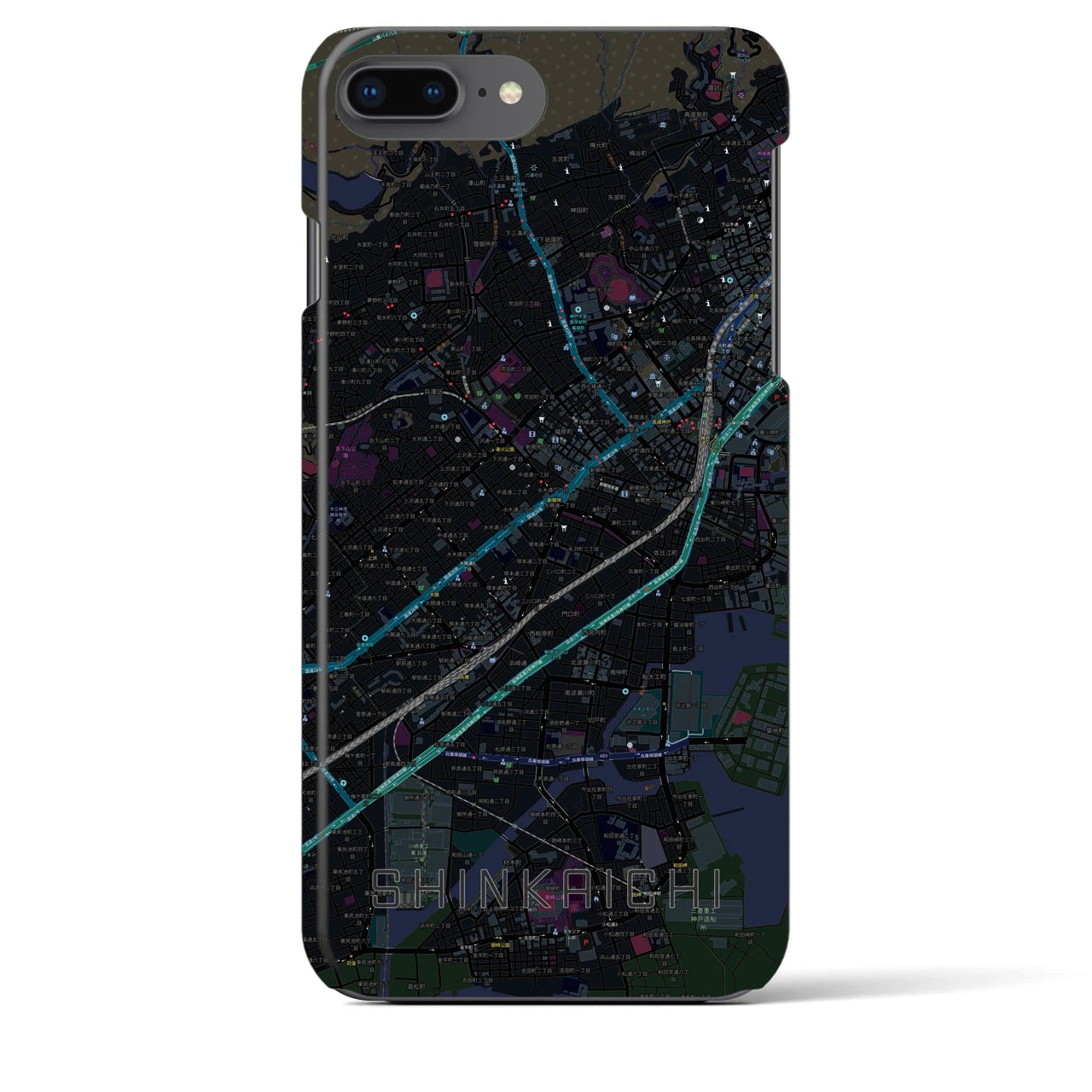 【新開地】地図柄iPhoneケース（バックカバータイプ・ブラック）iPhone 8Plus /7Plus / 6sPlus / 6Plus 用