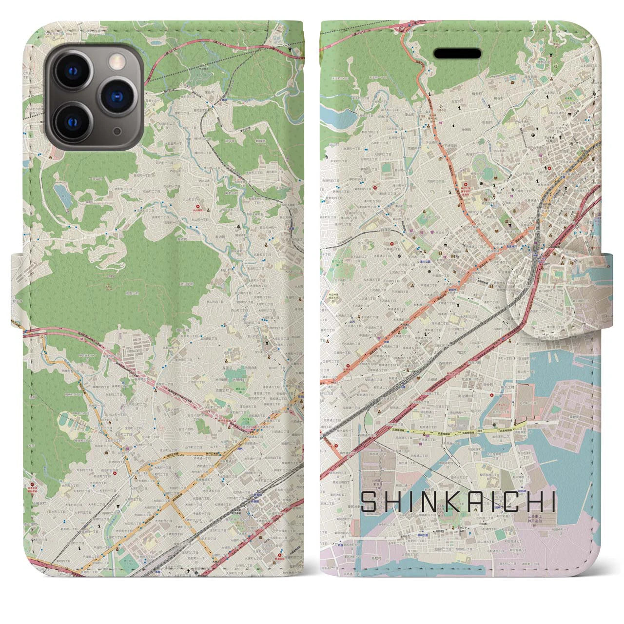 【新開地】地図柄iPhoneケース（手帳両面タイプ・ナチュラル）iPhone 11 Pro Max 用