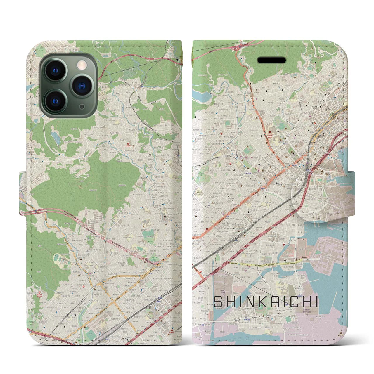 【新開地】地図柄iPhoneケース（手帳両面タイプ・ナチュラル）iPhone 11 Pro 用