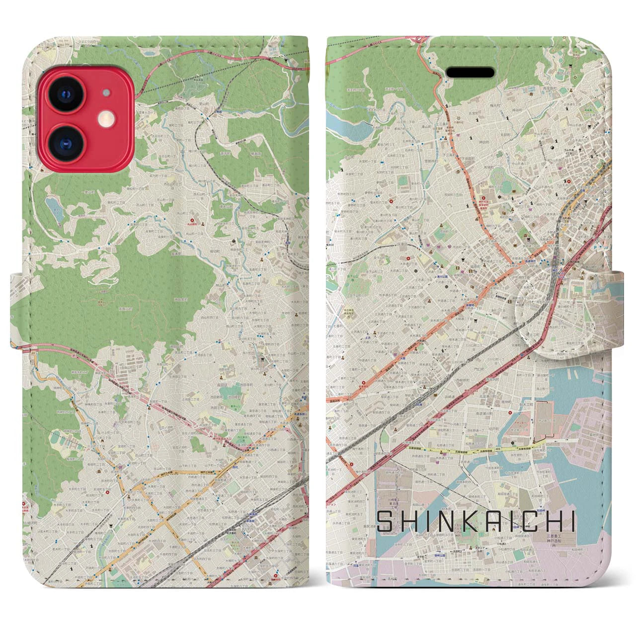 【新開地】地図柄iPhoneケース（手帳両面タイプ・ナチュラル）iPhone 11 用
