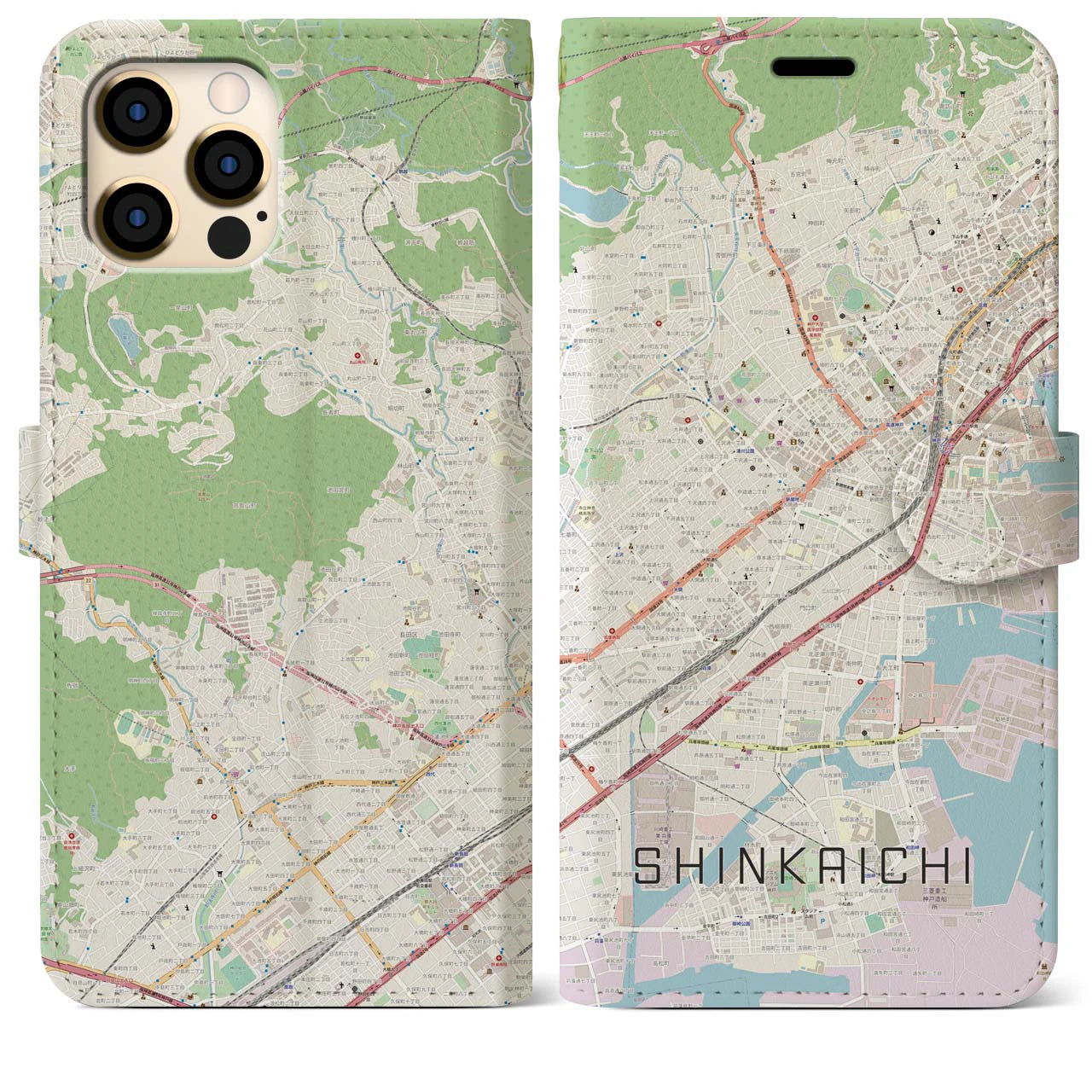 【新開地】地図柄iPhoneケース（手帳両面タイプ・ナチュラル）iPhone 12 Pro Max 用