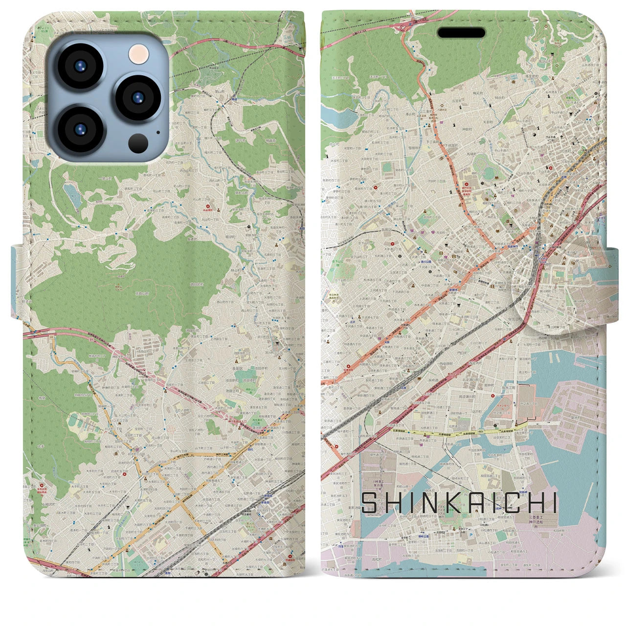 【新開地】地図柄iPhoneケース（手帳両面タイプ・ナチュラル）iPhone 13 Pro Max 用