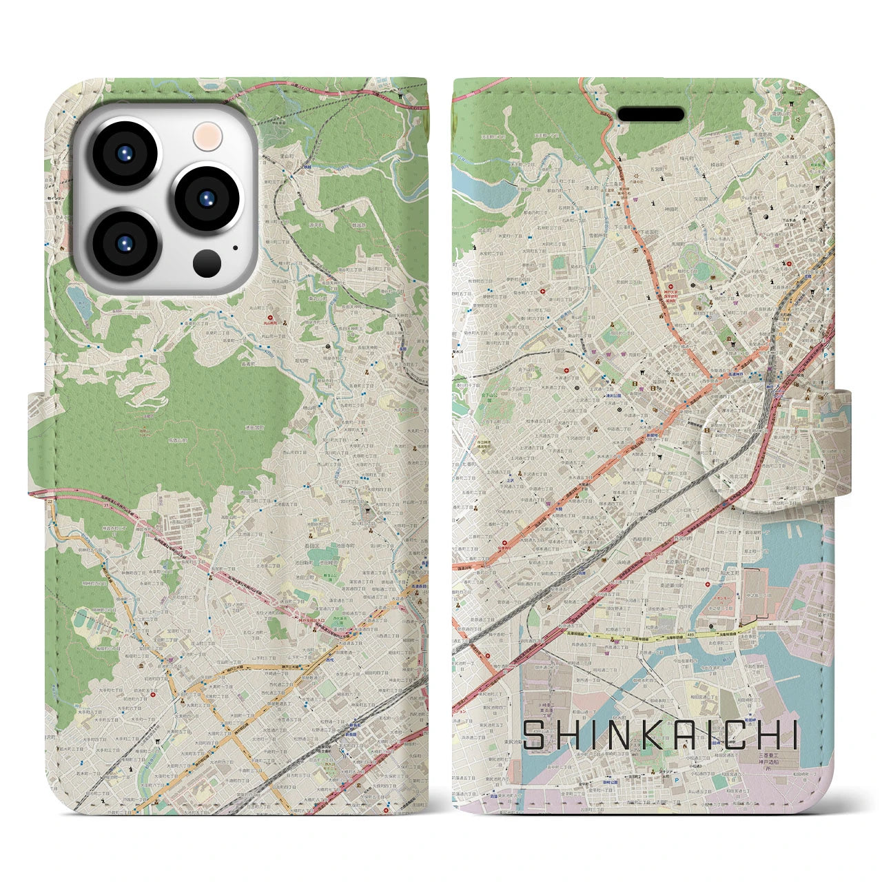 【新開地】地図柄iPhoneケース（手帳両面タイプ・ナチュラル）iPhone 13 Pro 用