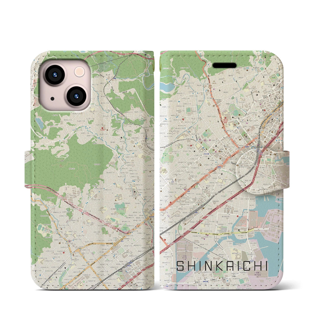 【新開地】地図柄iPhoneケース（手帳両面タイプ・ナチュラル）iPhone 13 mini 用