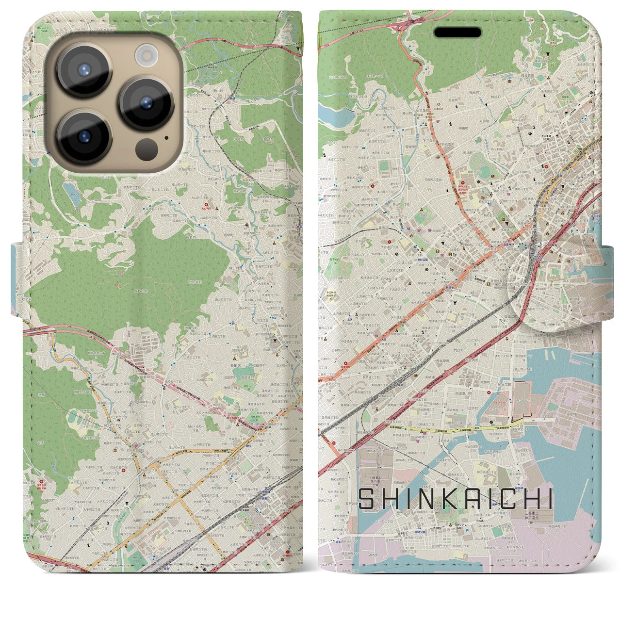 【新開地】地図柄iPhoneケース（手帳両面タイプ・ナチュラル）iPhone 14 Pro Max 用