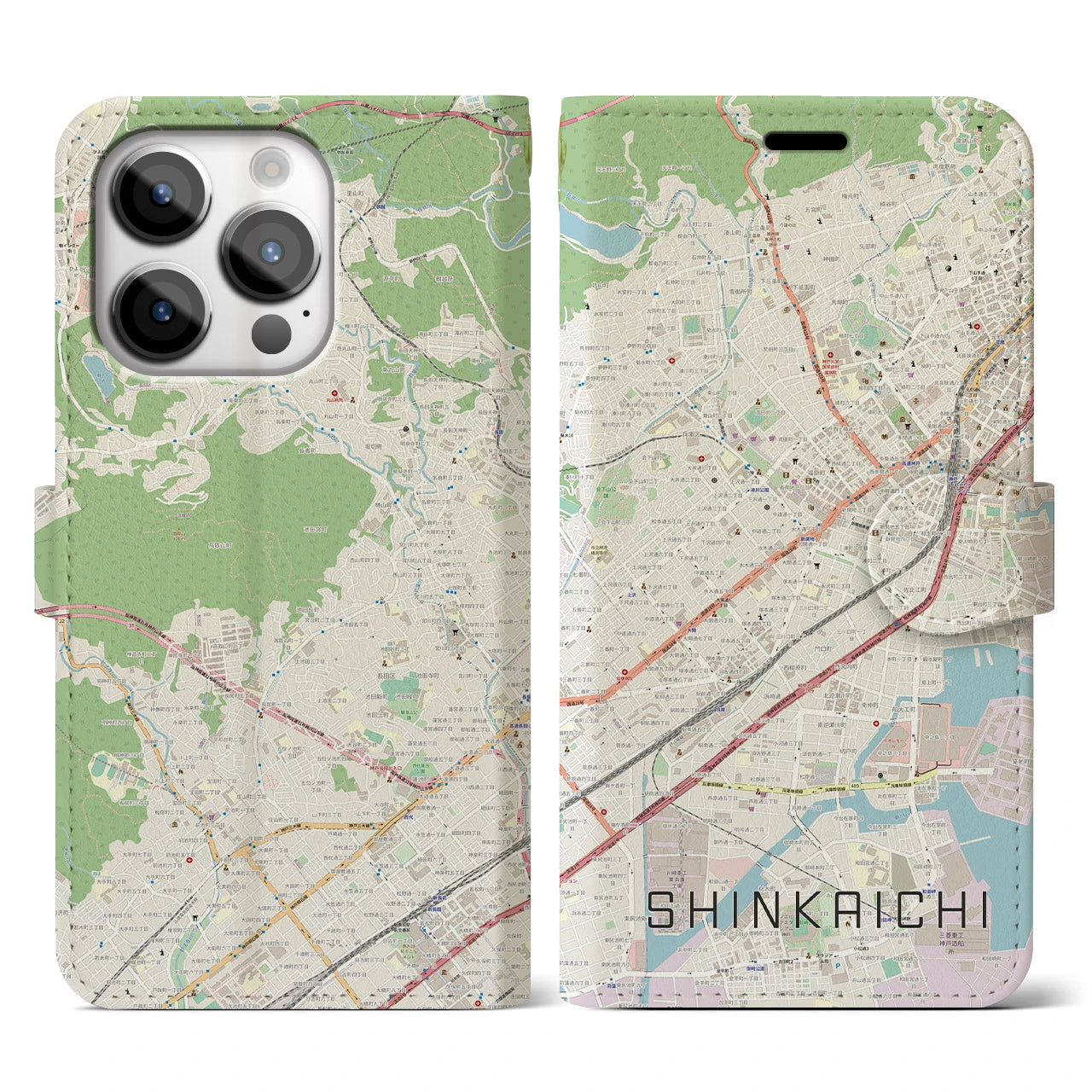 【新開地】地図柄iPhoneケース（手帳両面タイプ・ナチュラル）iPhone 14 Pro 用