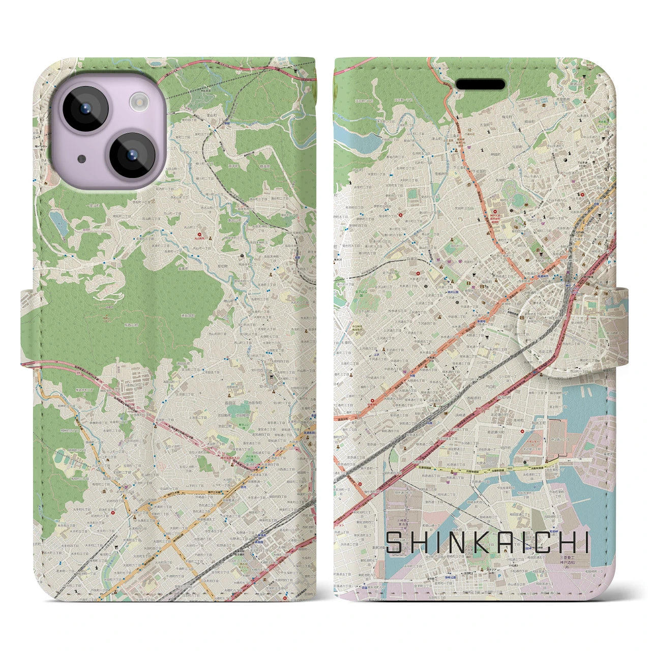 【新開地】地図柄iPhoneケース（手帳両面タイプ・ナチュラル）iPhone 14 用