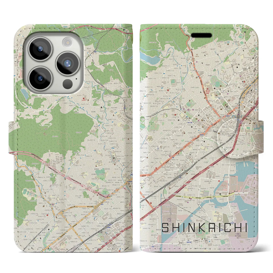 【新開地】地図柄iPhoneケース（手帳両面タイプ・ナチュラル）iPhone 15 Pro 用