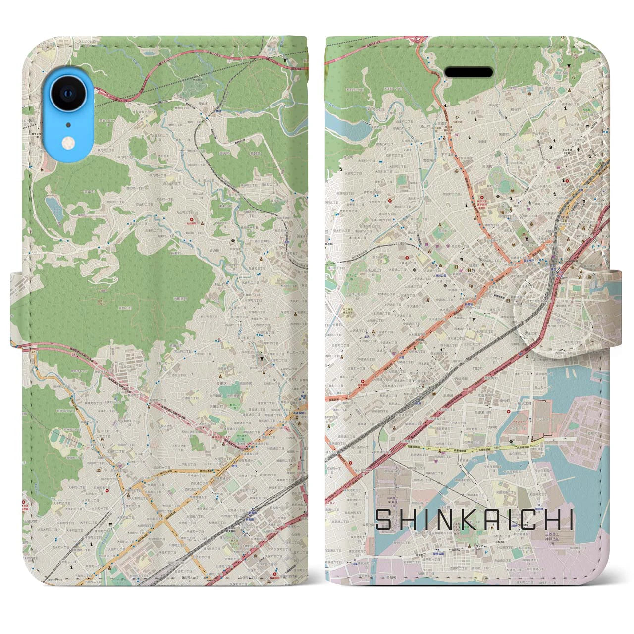 【新開地】地図柄iPhoneケース（手帳両面タイプ・ナチュラル）iPhone XR 用