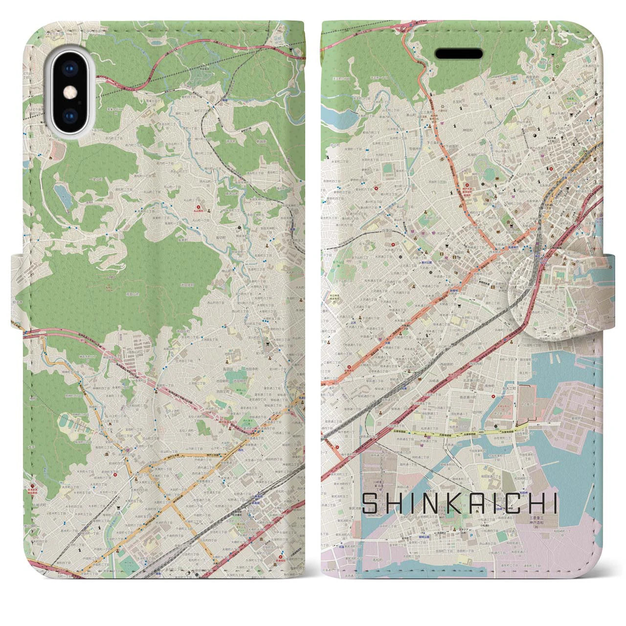 【新開地】地図柄iPhoneケース（手帳両面タイプ・ナチュラル）iPhone XS Max 用
