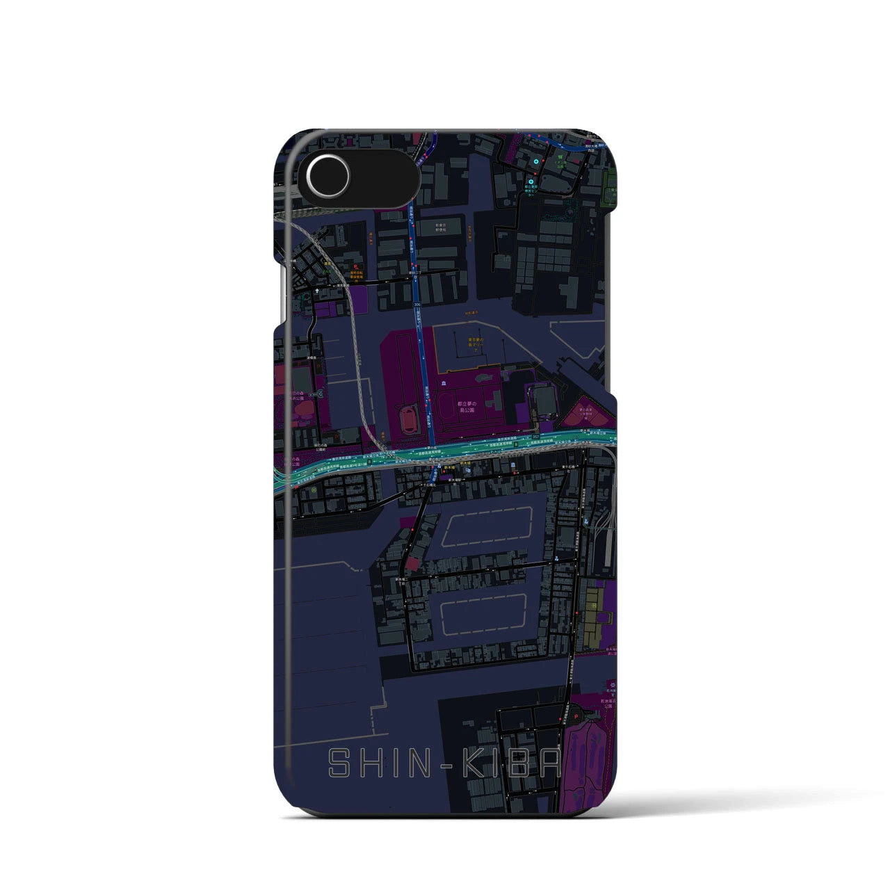 【新木場】地図柄iPhoneケース（バックカバータイプ・ブラック）iPhone SE（第3 / 第2世代） / 8 / 7 / 6s / 6 用