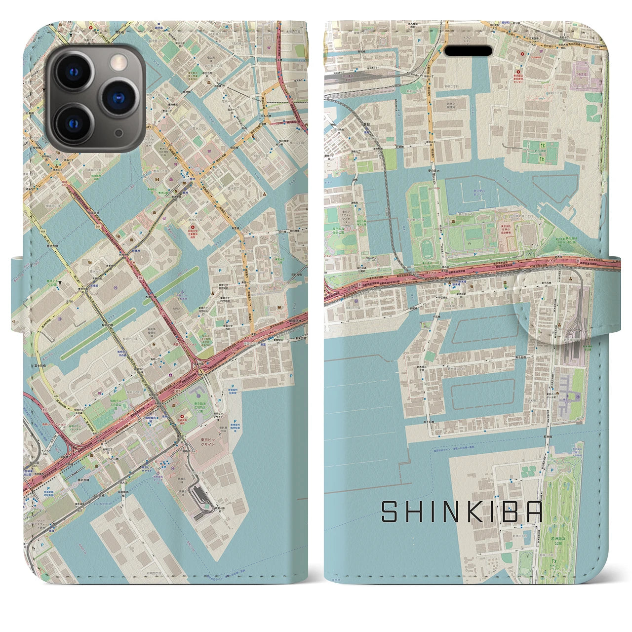 【新木場】地図柄iPhoneケース（手帳両面タイプ・ナチュラル）iPhone 11 Pro Max 用