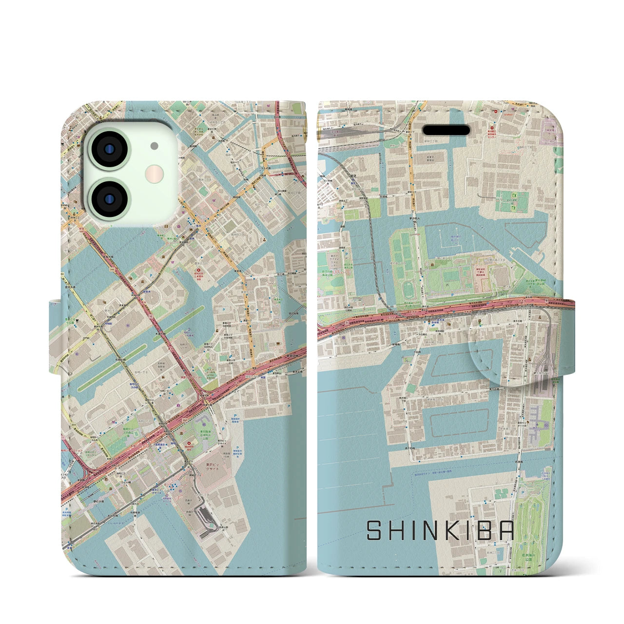 【新木場】地図柄iPhoneケース（手帳両面タイプ・ナチュラル）iPhone 12 mini 用