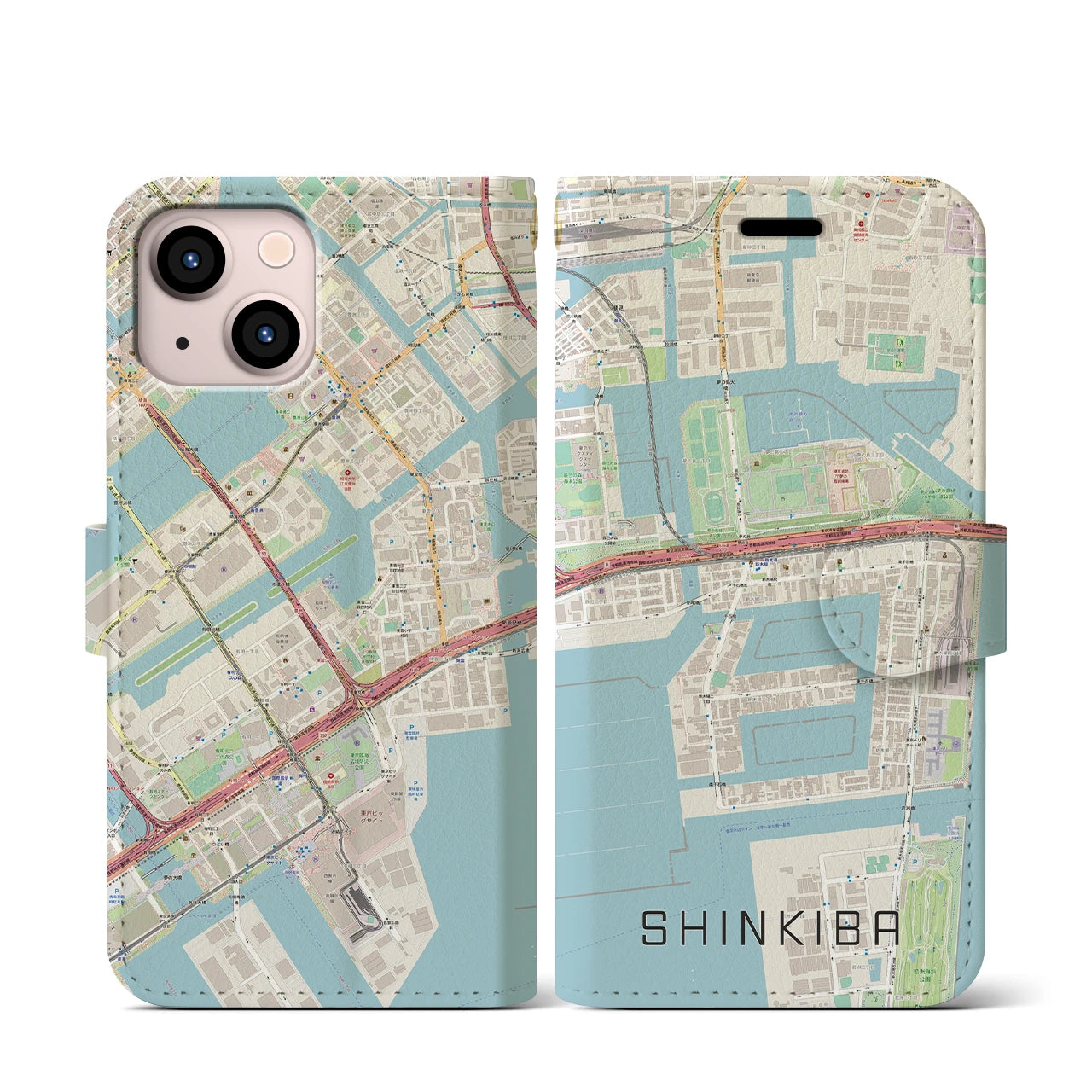 【新木場】地図柄iPhoneケース（手帳両面タイプ・ナチュラル）iPhone 13 mini 用