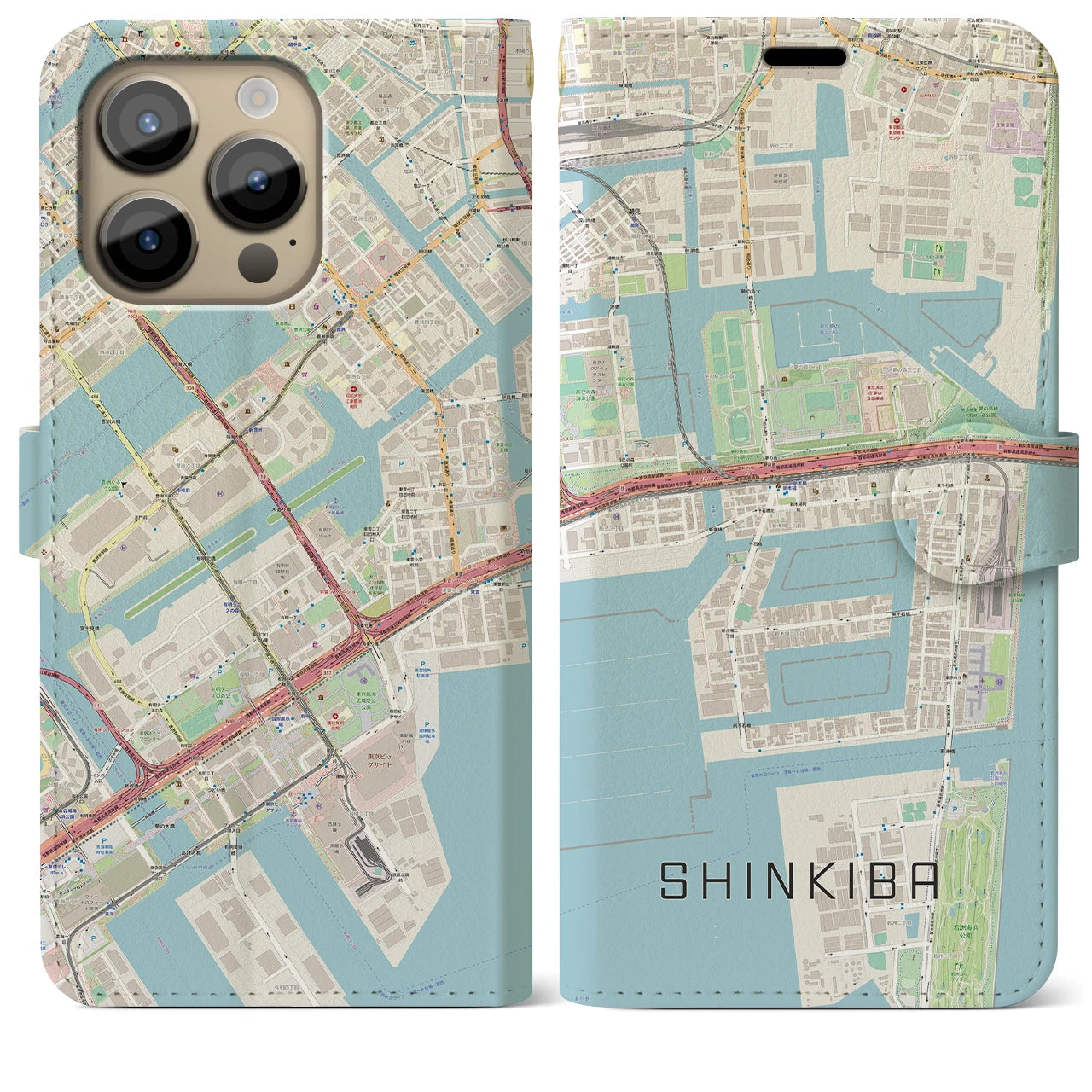 【新木場】地図柄iPhoneケース（手帳両面タイプ・ナチュラル）iPhone 14 Pro Max 用