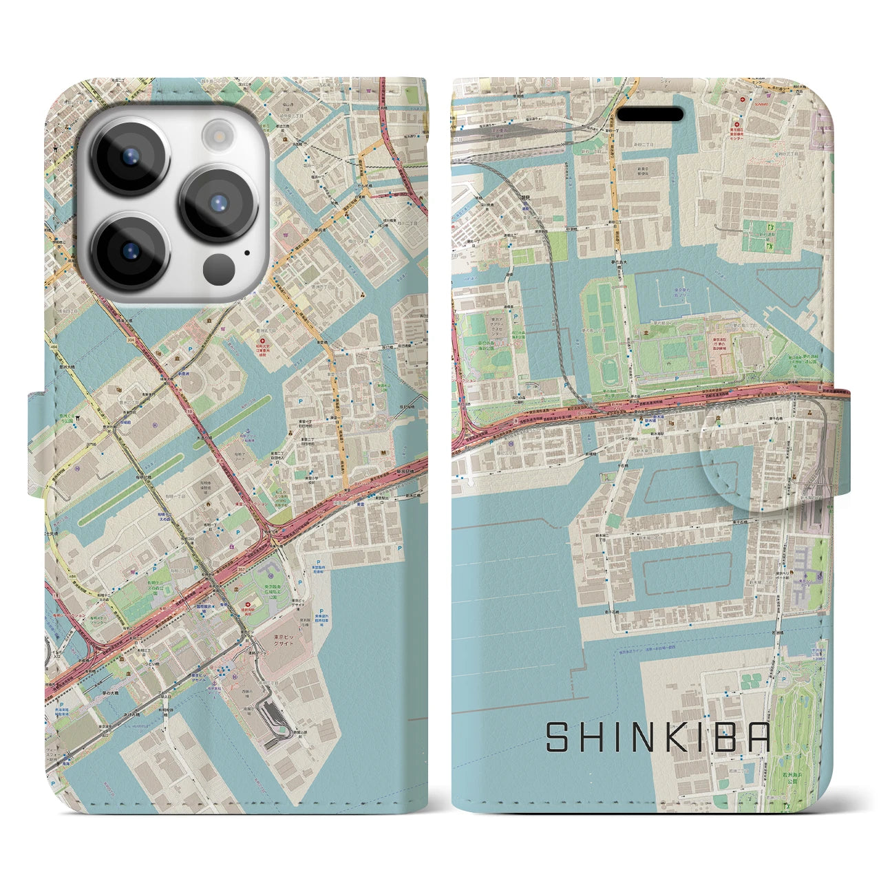 【新木場】地図柄iPhoneケース（手帳両面タイプ・ナチュラル）iPhone 14 Pro 用
