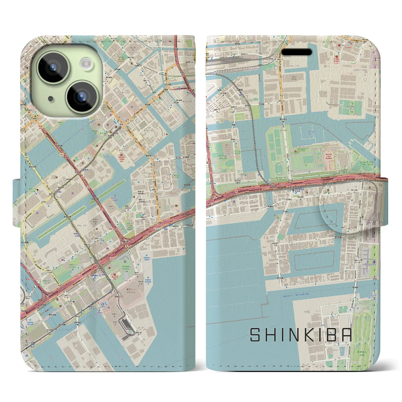 【新木場】地図柄iPhoneケース（手帳両面タイプ・ナチュラル）iPhone 15 用