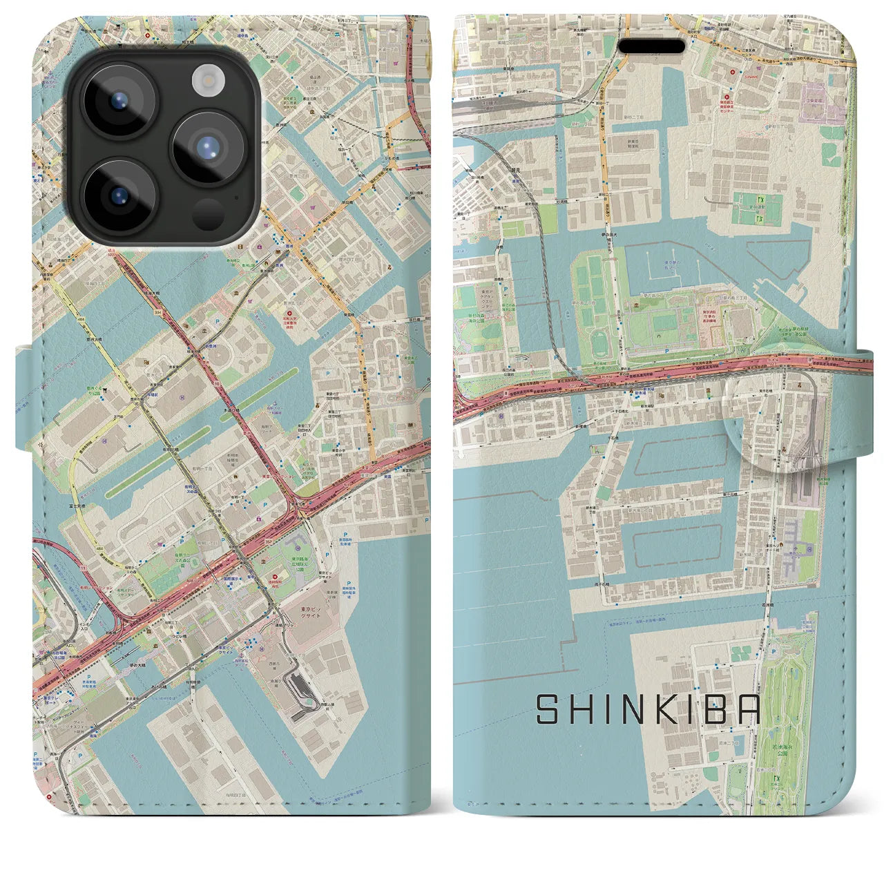 【新木場】地図柄iPhoneケース（手帳両面タイプ・ナチュラル）iPhone 15 Pro Max 用
