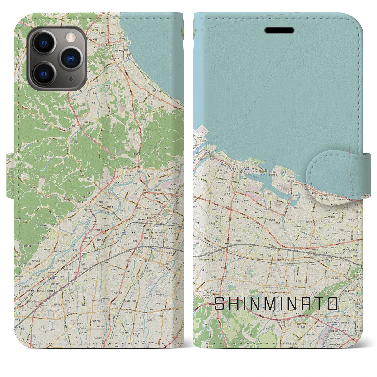 【新湊】地図柄iPhoneケース（手帳両面タイプ・ナチュラル）iPhone 11 Pro Max 用